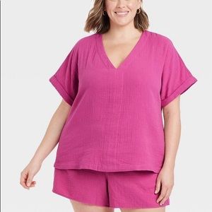 V neck short sleeved blouse